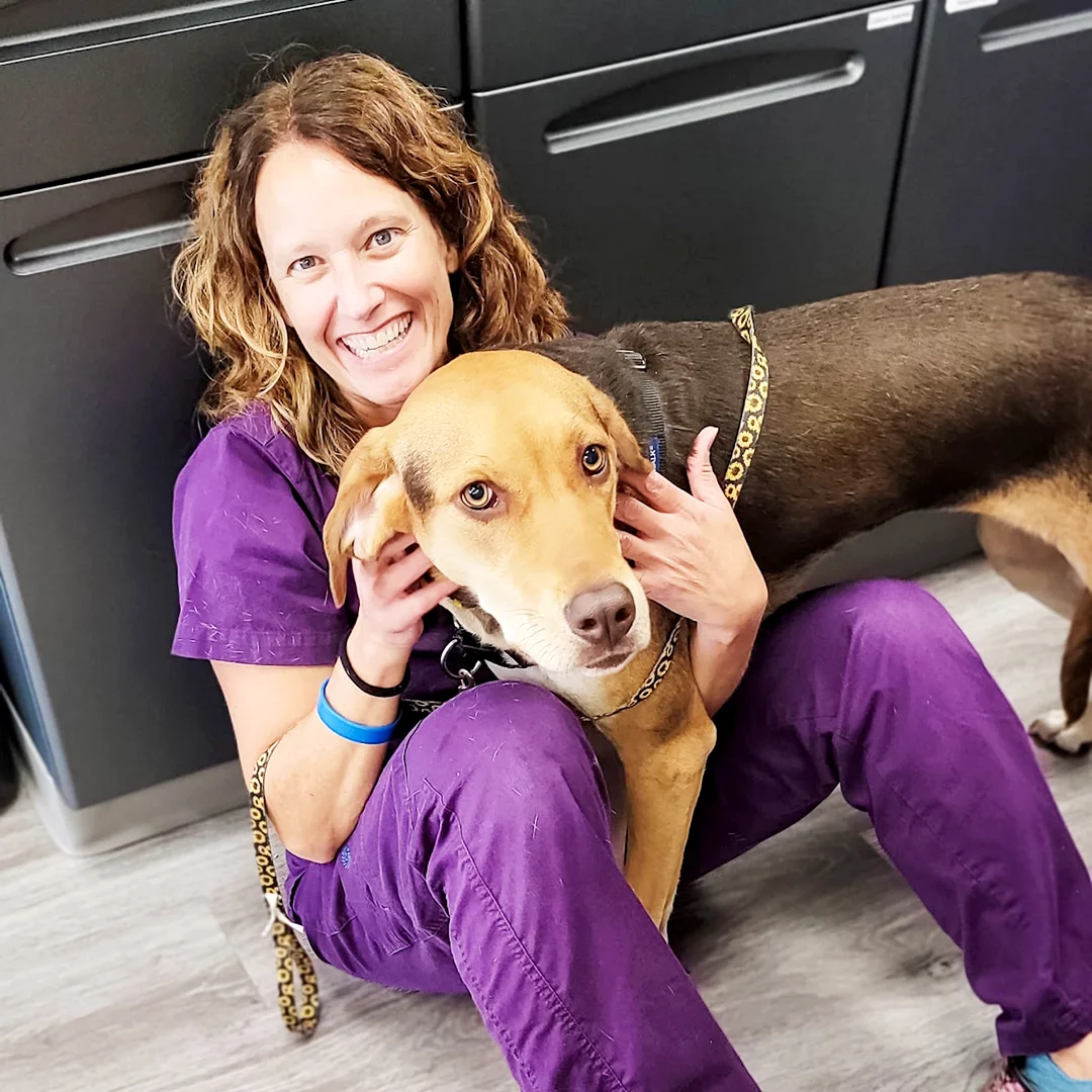 Veterinary technician sitting on the floor, smiling, and hugging a large dog.